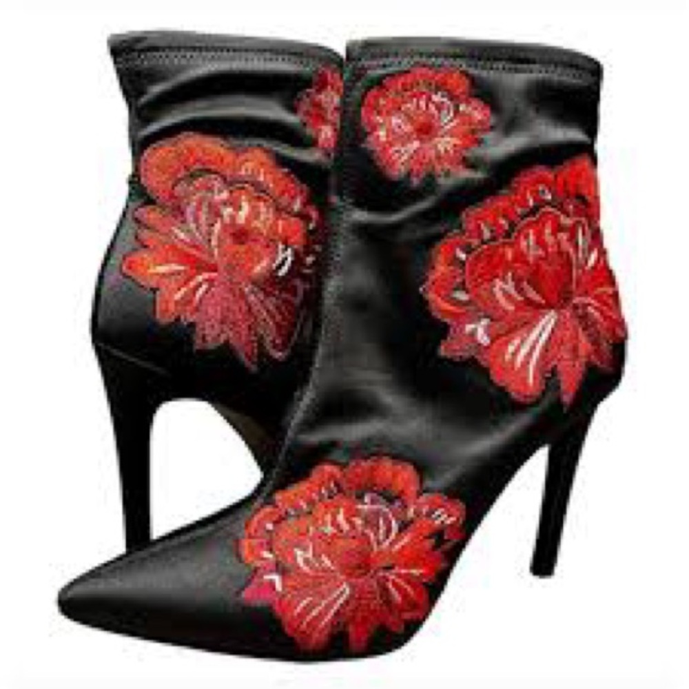 Jessica Simpson Black Heeled Boots with Red Floral Design